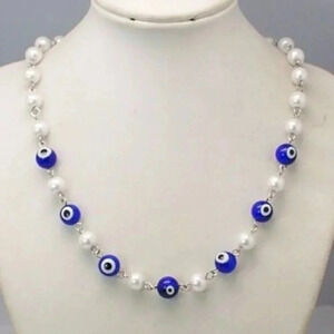 Turkish Blue White Evil Eye Beads Talisman Protective Glass Pearl Necklace